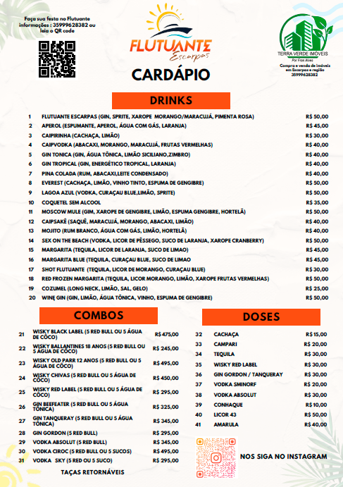 Cardápio para Bar flutuante